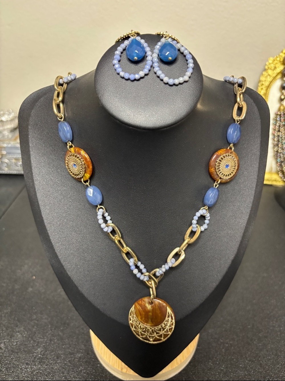 Long Boho Beaded Gold Tone Blue Brown Necklace Earrings Set Jewelry